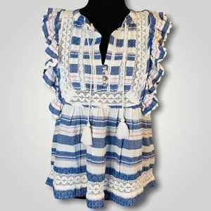 dRA Boho Babydoll Top Ruffle Front Tassels Medium Red White Blue Cotton